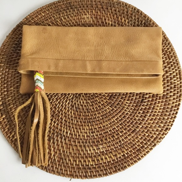 Cleobella Handbags - Cleobella Leather Clutch Purse Bag Brown Boho Bead